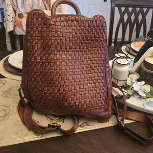 Elegant Tan Woven Leather Backpack